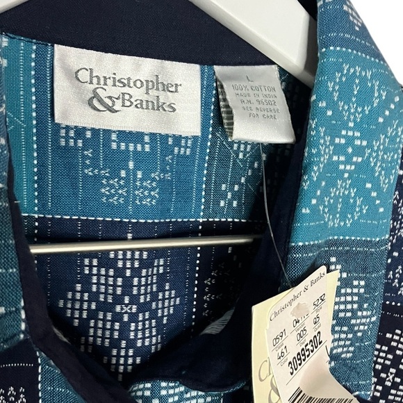 NEW VTG Cottagecore Cropped Shirt Jacket L Cross Stitch Quilt Pattern Blue - Picture 2 of 5